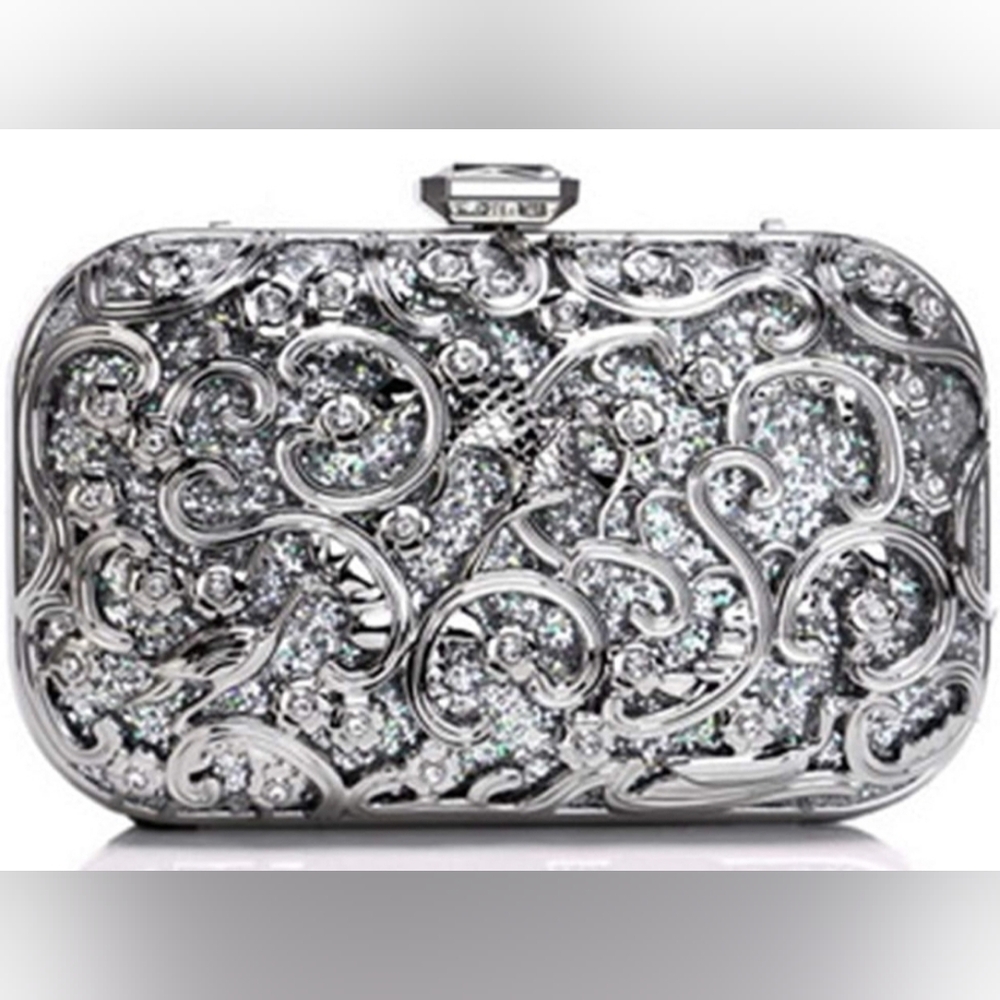 Fawzyia Designer Elegant Silver Clutch Purse Evening Cocktail Wedding Bridal Bag